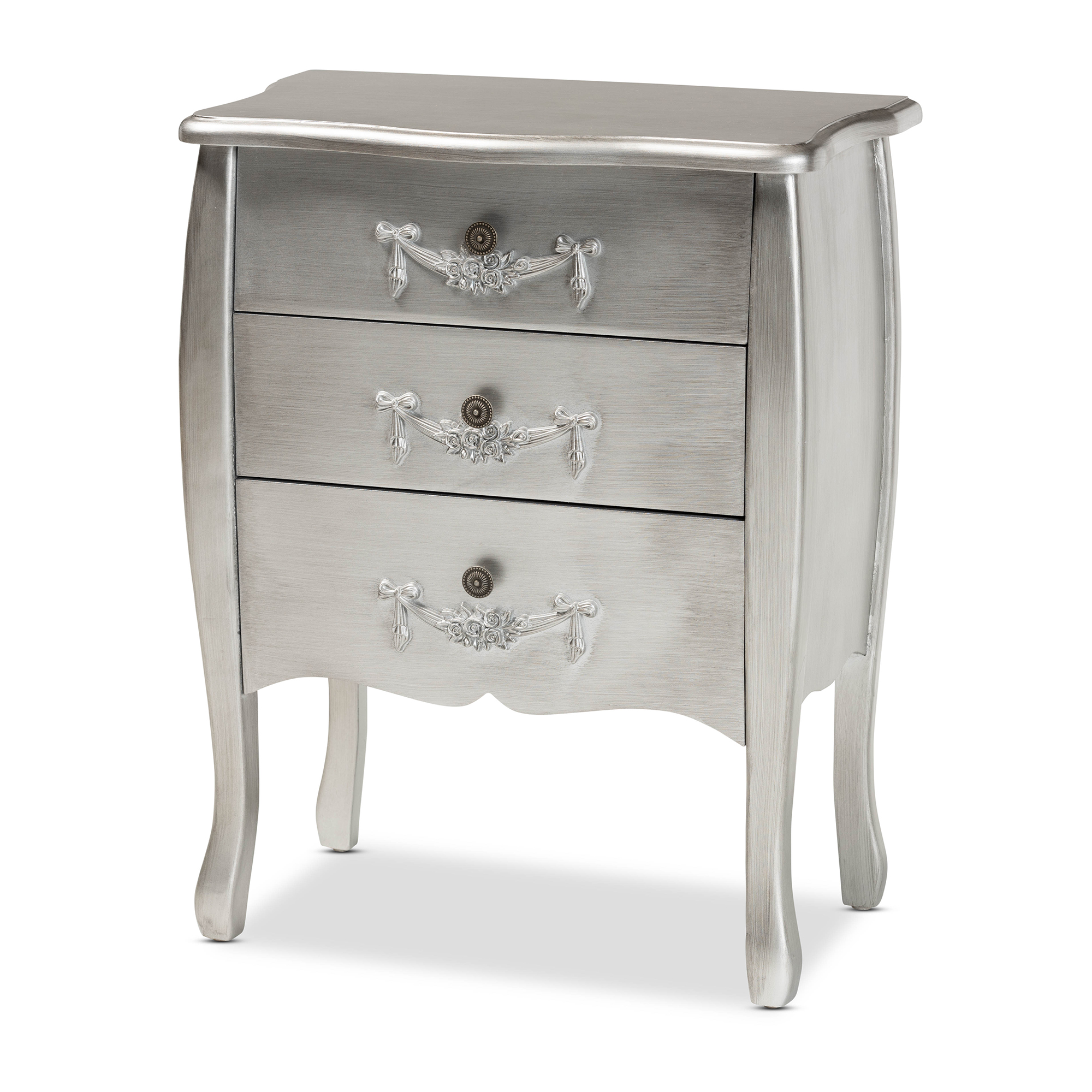 Baxton Studio Eliya Classic and Traditional Brushed Silver Finished Wood 3-Drawer Storage Cabinet